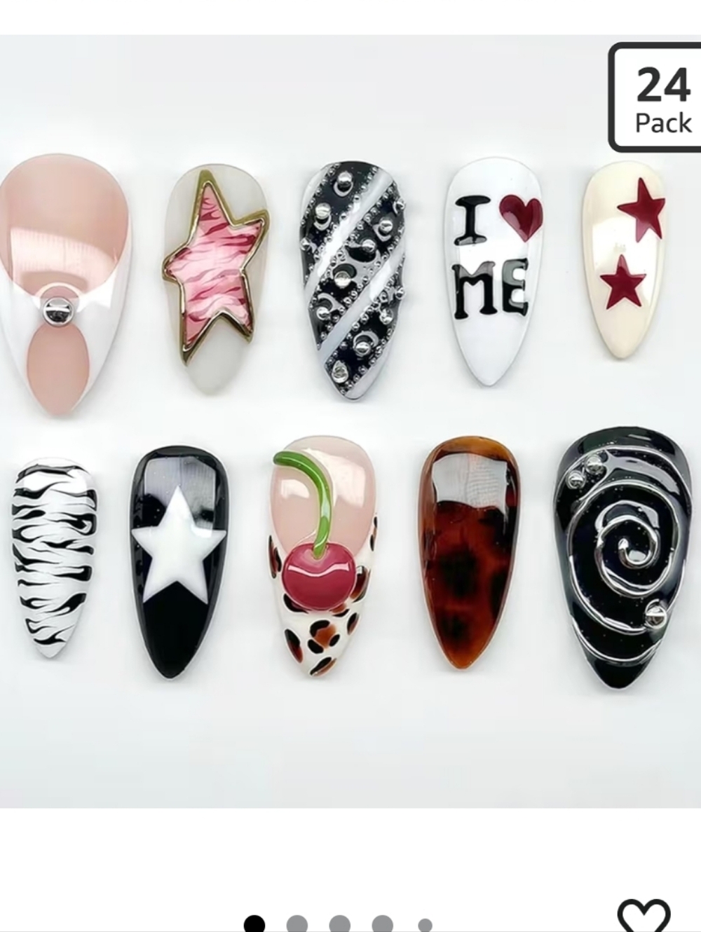 30Pcs Medium Almond Press on Nails Leopard French Heart Cherry